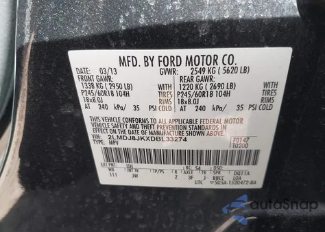 2013 Lincoln Mkx из США, поврежденный, VIN 2LMDJ8JKXDBL33274